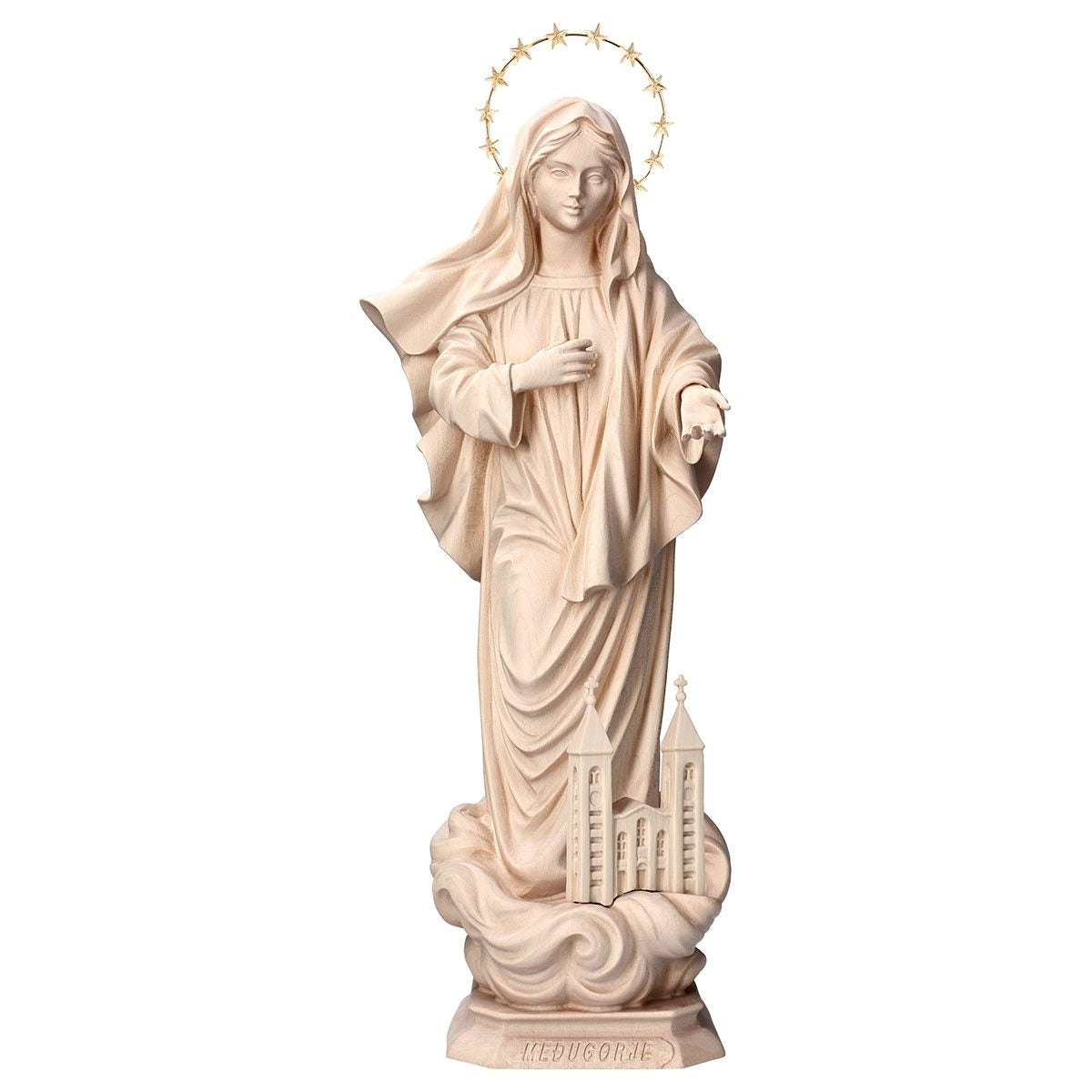 Our Lady of Medjugorje with Church and Brass Halo Statue | Multiple Sizes & Finishes