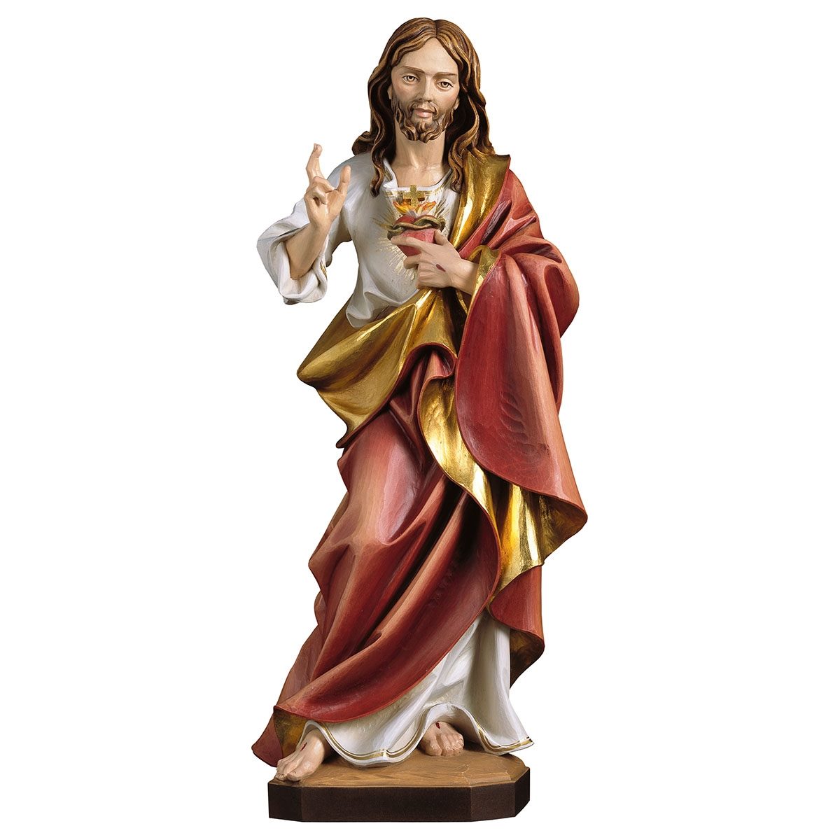 Exquisite Hand-Carved Sacred Heart of Jesus Wood Figurine, Colored Finish