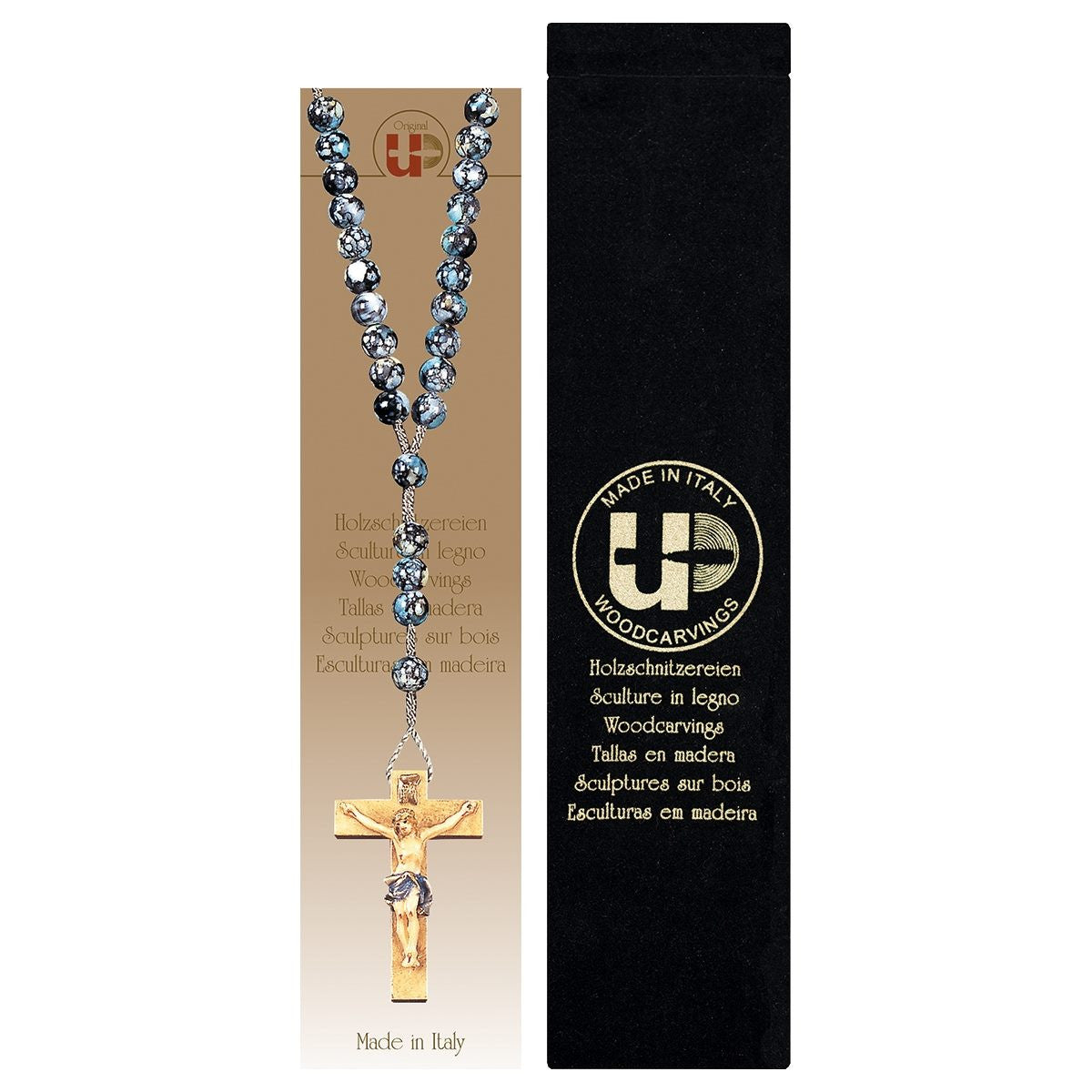 Marbled Black Wood Bead Rosary with Velvet Case