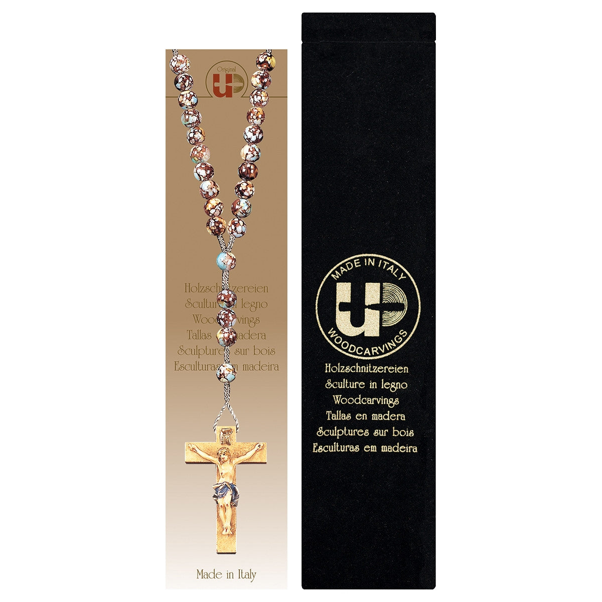 Marbled Brown Wood Bead Rosary with Velvet Case