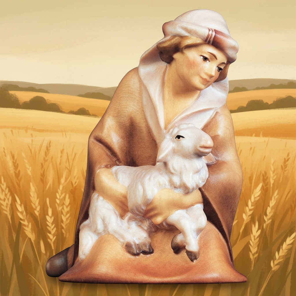 Enhanced Shepherd Kneeling with Lamb in Field