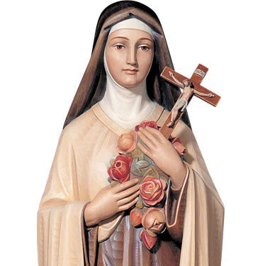 Statue of saint therese lisieux figure holding flowers and a cross on a white background