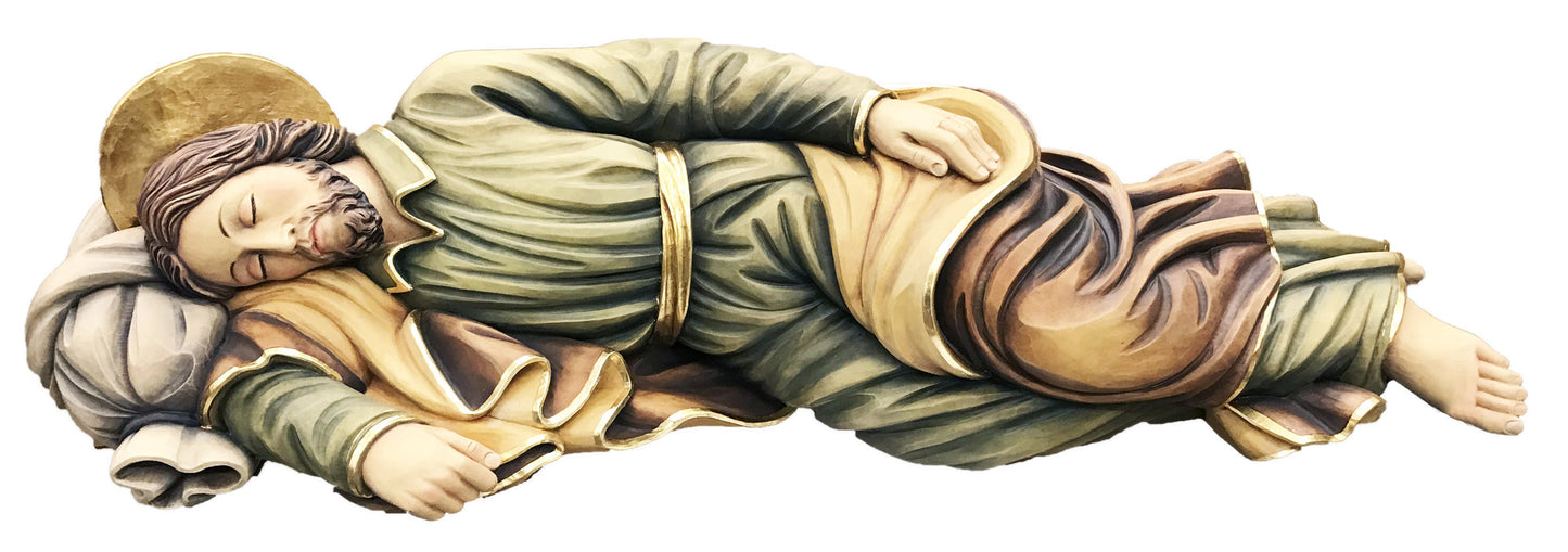 Exquisite Hand-Carved Sleeping Saint Joseph Wood Religious Statue - Italian Sacred Art