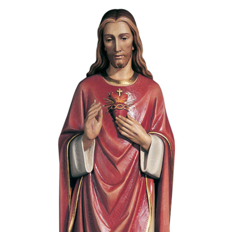 sacred heart of jesus figure in a red robe holding a heart symbol, on a white background