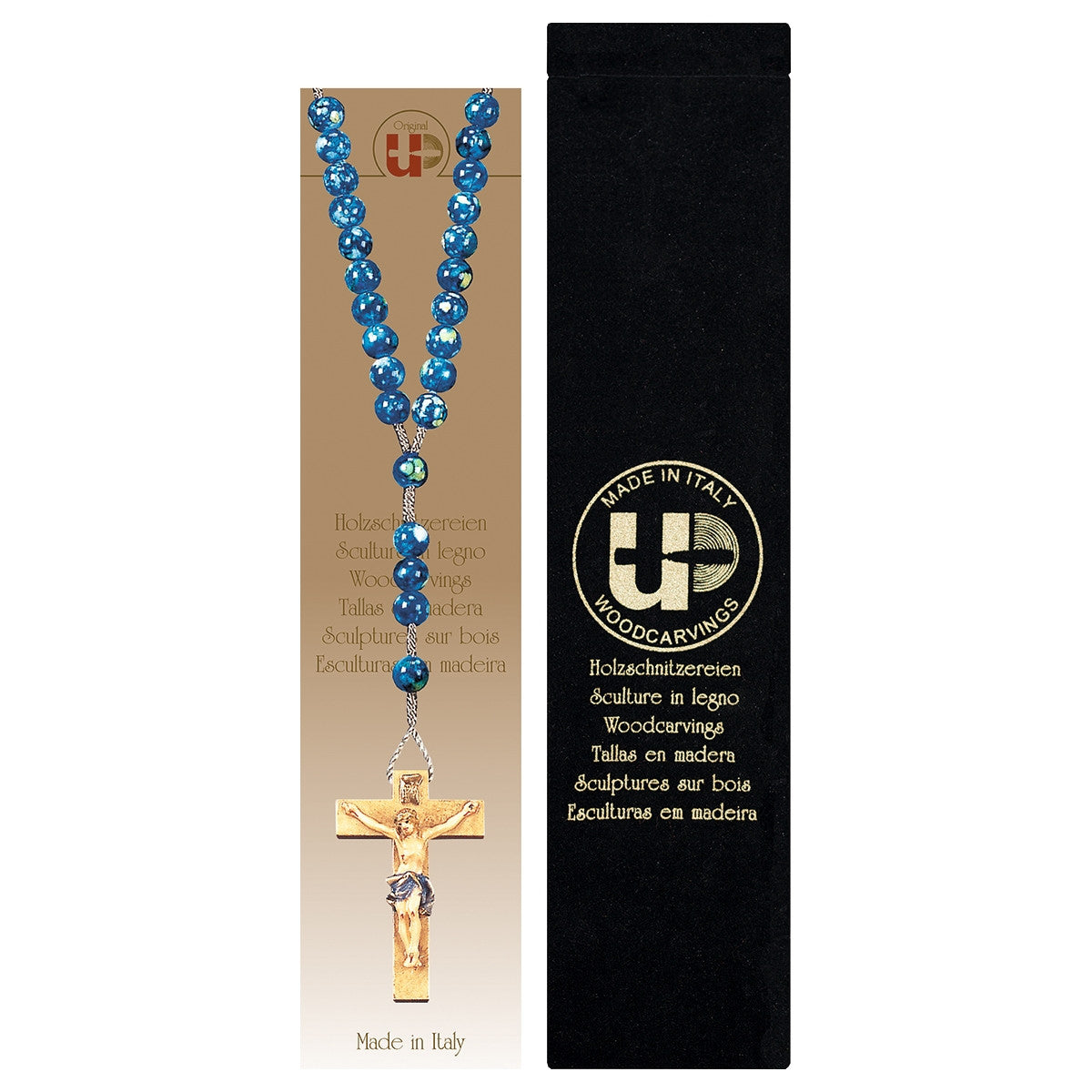 Marbled Blue Wood Bead Rosary with Velvet Case