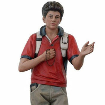 Statue of a person wearing a red shirt and gray pants on a white background