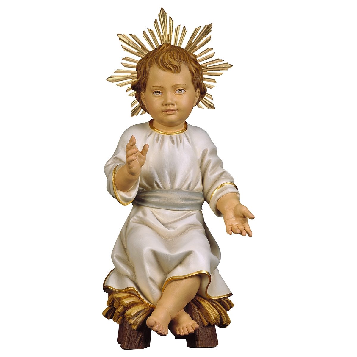 Infant Jesus Sitting on Manger with Halo | Multiple Sizes
