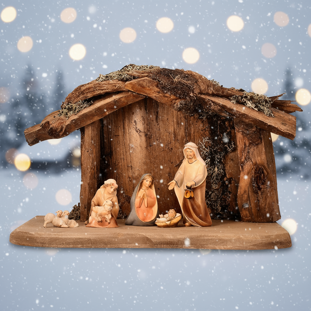 8-Piece Comet Root Stable Nativity with Snowy Winter Background