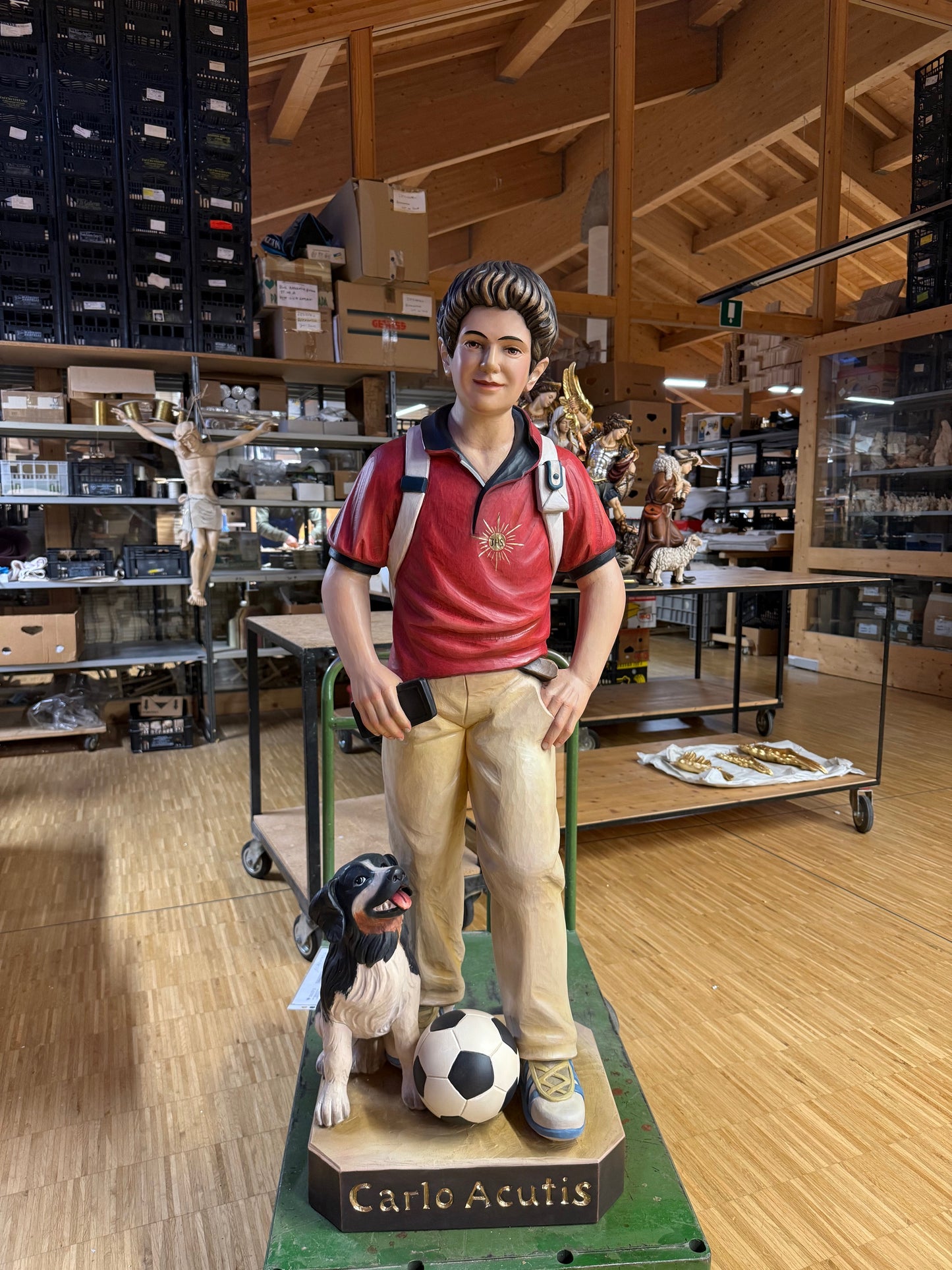 Saint Carlo Acutis with Dog and Ball | Multiple Sizes & Finishes