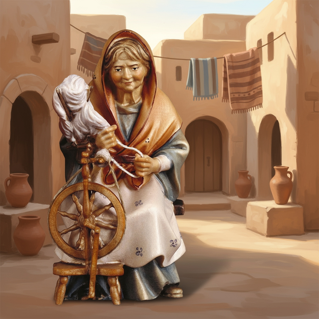 Ancient Village Courtyard - Lady with Spinning Wheel