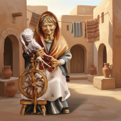 Ancient Village Courtyard - Lady with Spinning Wheel