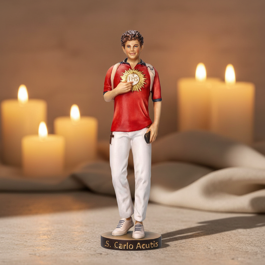 Carlo Acutis Statue – Warm Devotional Background