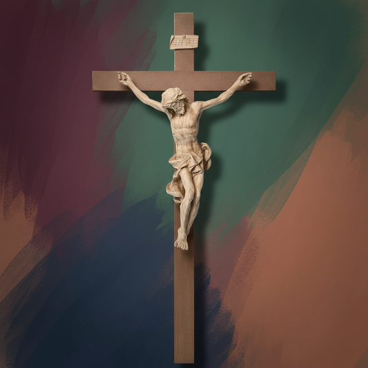 Enhanced Baroque Natural Oak Plain Wood Crucifix with Colored Background