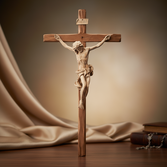 Enhanced Baroque Natural Oak Straight Crucifix with Stylized Background