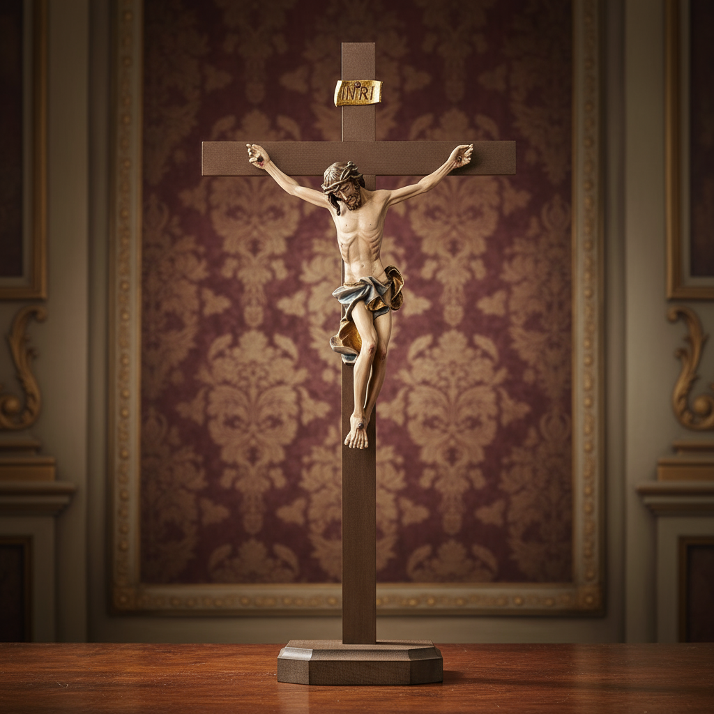 Enhanced Baroque Pedestal Crucifix with Stylized Background