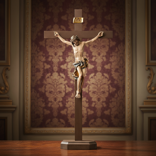 Enhanced Baroque Pedestal Crucifix with Stylized Background