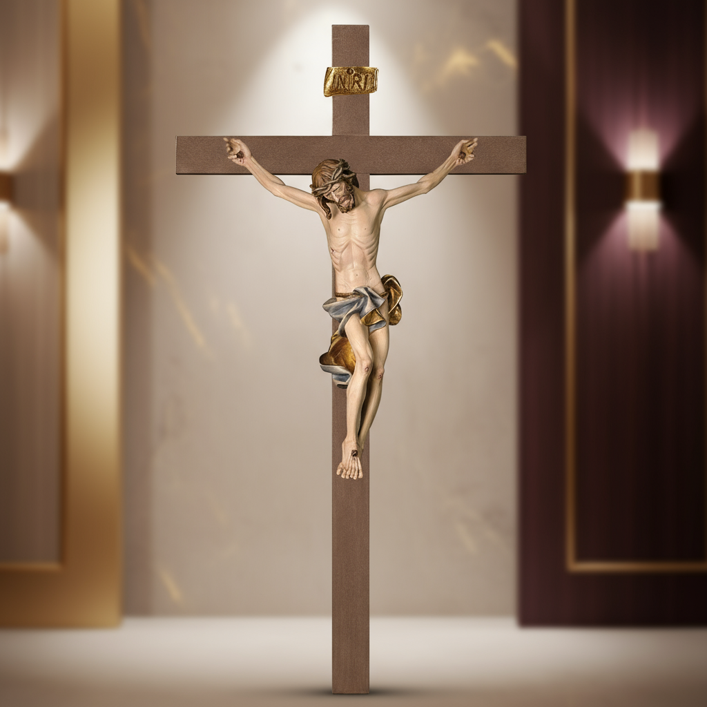 Enhanced Baroque Plain Wood Crucifix with Stylized Background