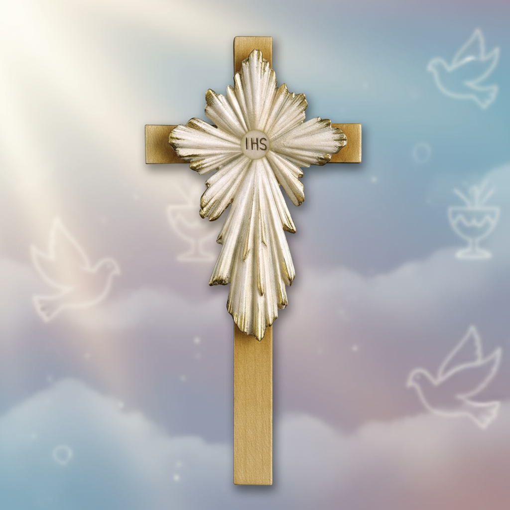 Enhanced First Communion IHS Cross with Stylized Background