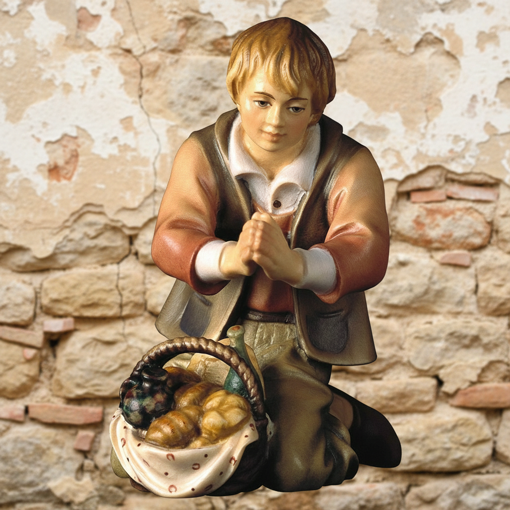 Enhanced Kneeling Boy with Food - Rustic Stone Wall Background