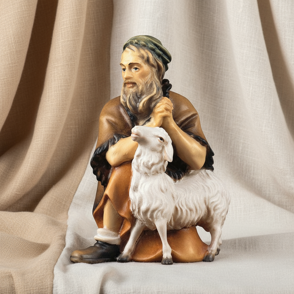 Enhanced Kneeling Shepherd with Sheep - Neutral Fabric Background