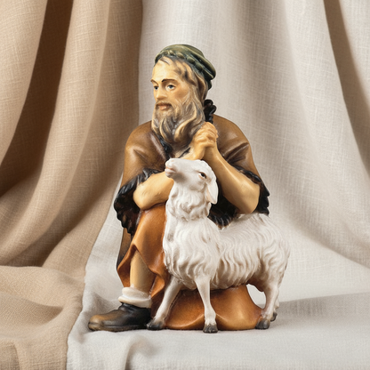 Enhanced Kneeling Shepherd with Sheep - Neutral Fabric Background