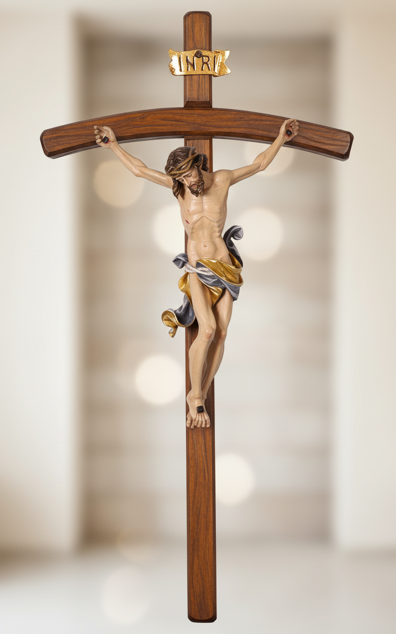 Enhanced Leonardo Dark Stained Bent Crucifix - Blurred Wall Background