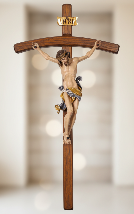 Enhanced Leonardo Dark Stained Bent Crucifix - Blurred Wall Background