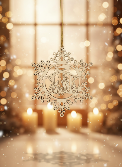 Enhanced Nativity in Snowflake Ornament with Stylized Background