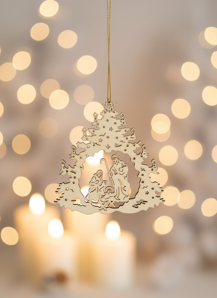 Enhanced Nativity Tree Ornament with Stylized Background