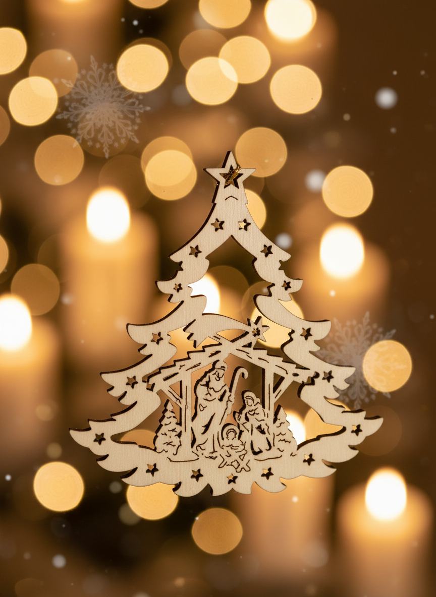 Enhanced Nativity Tree with Stars Ornament with Stylized Background