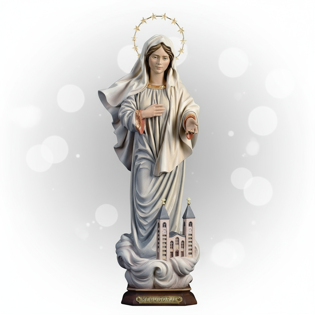 Enhanced Our Lady of Medjugorje with Church and Brass Halo