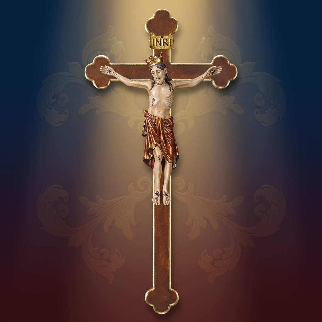 Enhanced Romanic Baroque Crucifix with Crown and Stylized Background