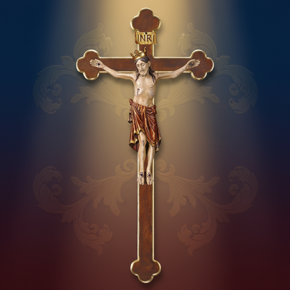 Enhanced Romanic Baroque Crucifix with Crown and Stylized Background