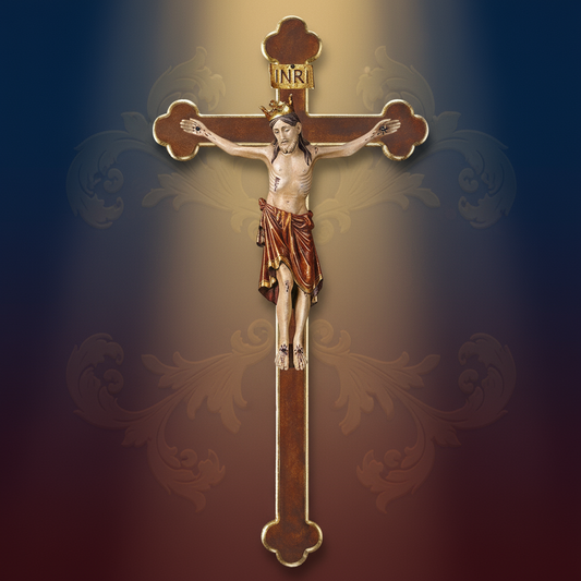 Enhanced Romanic Baroque Crucifix with Crown and Stylized Background