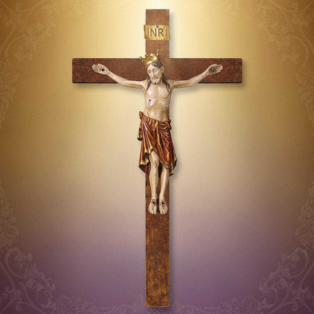 Enhanced Romanic Straight Crucifix with Crown and Stylized Background