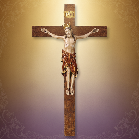 Enhanced Romanic Straight Crucifix with Crown and Stylized Background
