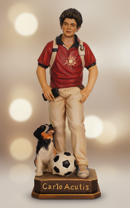 Saint Carlo Acutis with Dog and Ball | Multiple Sizes & Finishes