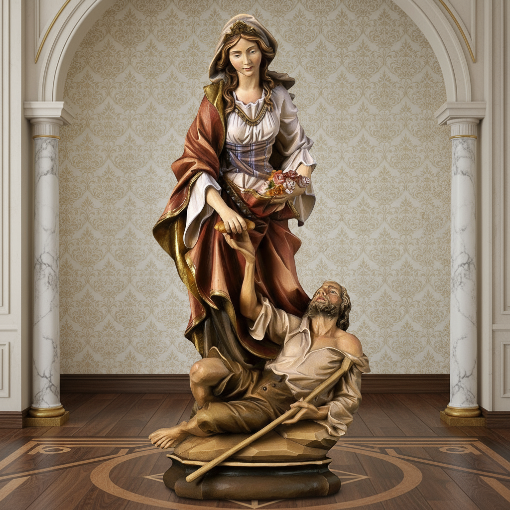 Enhanced Saint Elizabeth of Hungary Statue with Stylized Background