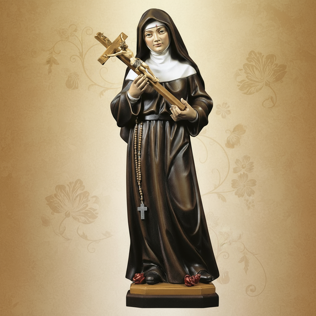 Enhanced Saint Rita of Cascia Statue with stylized background
