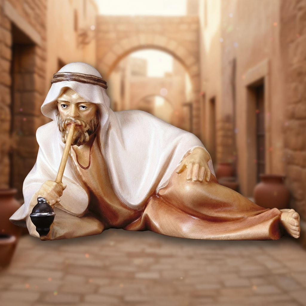 Enhanced Shepherd Lying with Pipe with Nativity Street Background