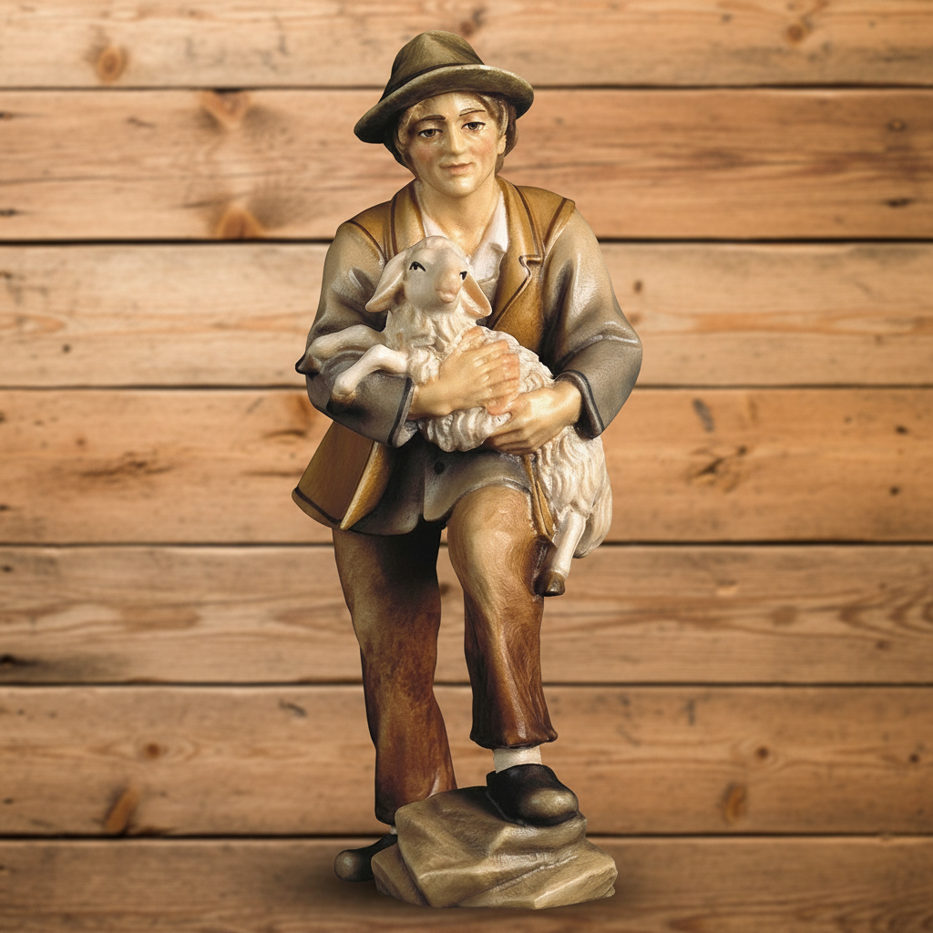 Enhanced Shepherd with Lamb - Wooden Plank Background