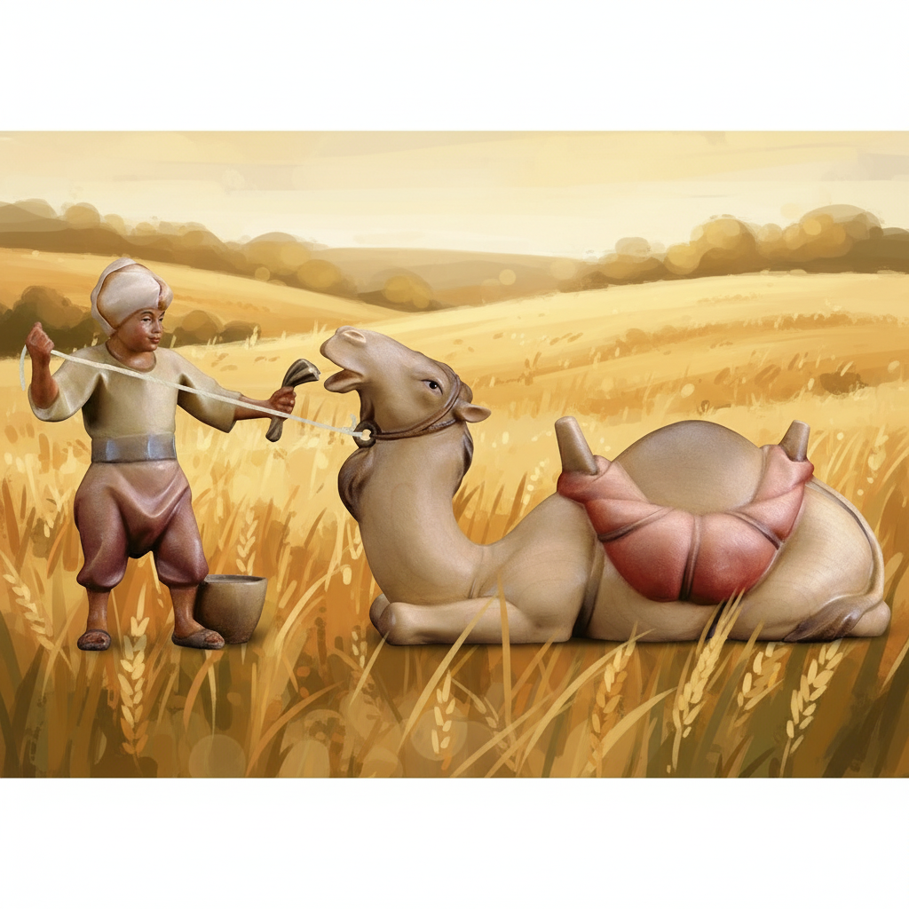 Enhanced Shepherd with Lying Camel in Stylized Field
