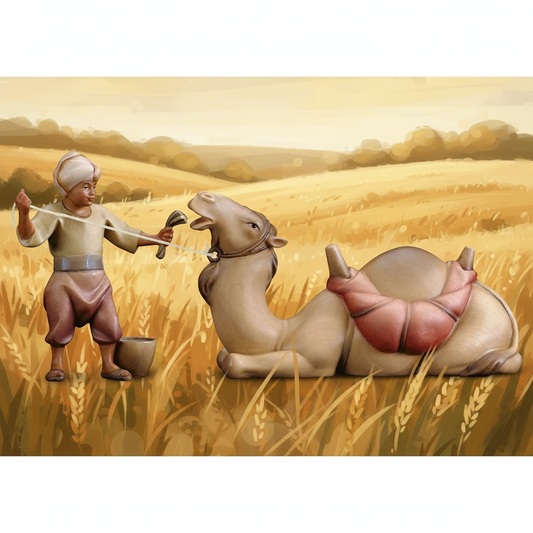 Enhanced Shepherd with Lying Camel in Stylized Field