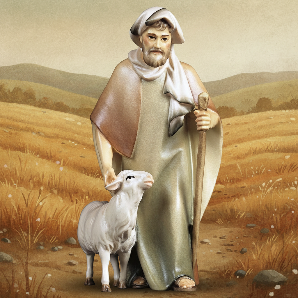 Enhanced Shepherd with Staff & Sheep with Old Field Background