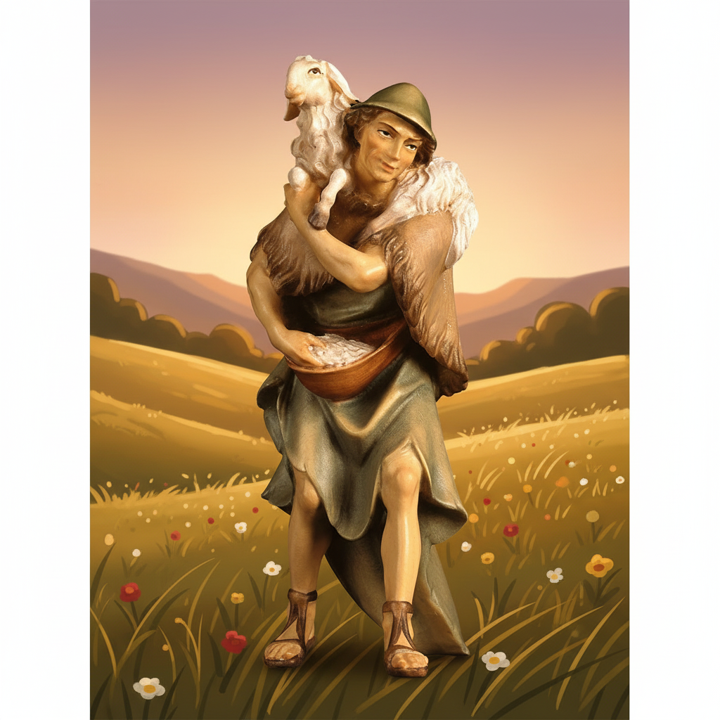 Golden Hour Meadow - Shepherd with Sheep on Shoulders