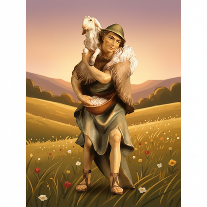 Golden Hour Meadow - Shepherd with Sheep on Shoulders