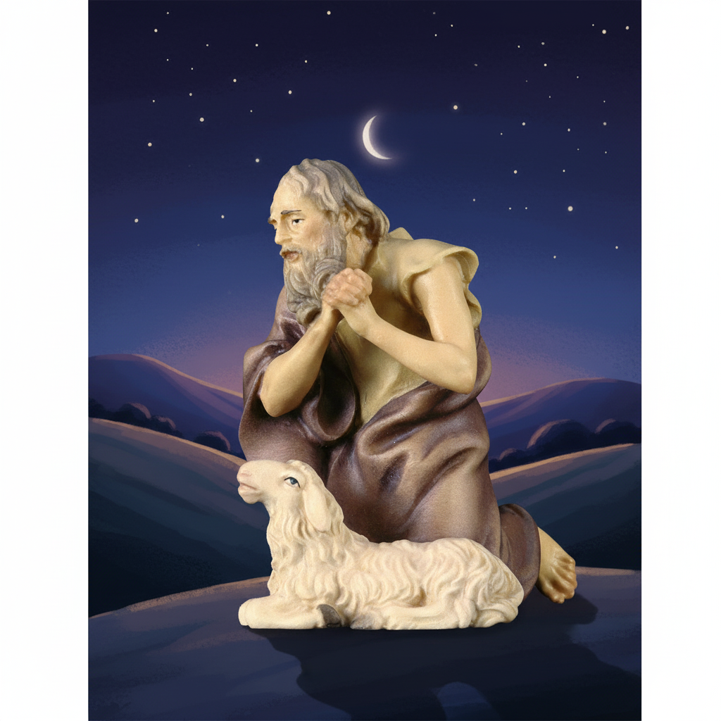 Nighttime Hillside - Kneeling Shepherd with Sheep