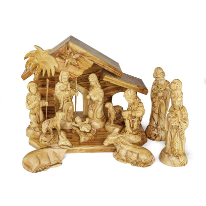 Olive Wood Nativity with Medium Stable & Detailed Figures | 7" Scale | Made in Bethlehem