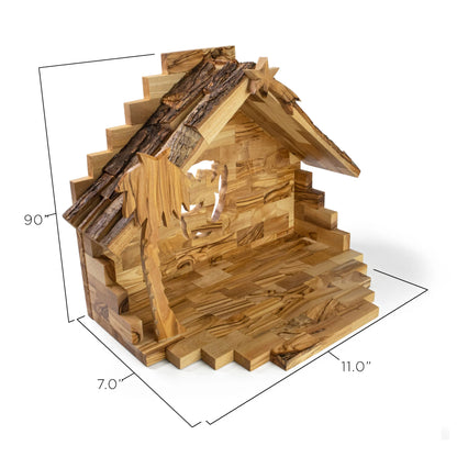 Olive Wood Nativity with Large Bark Roof Stable | 4" Scale | Made in Bethlehem