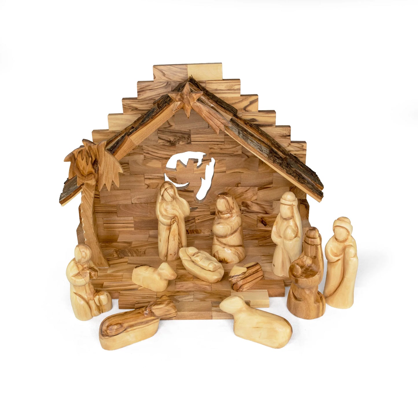 Olive Wood Nativity with Large Bark Roof Stable | 4" Scale | Made in Bethlehem